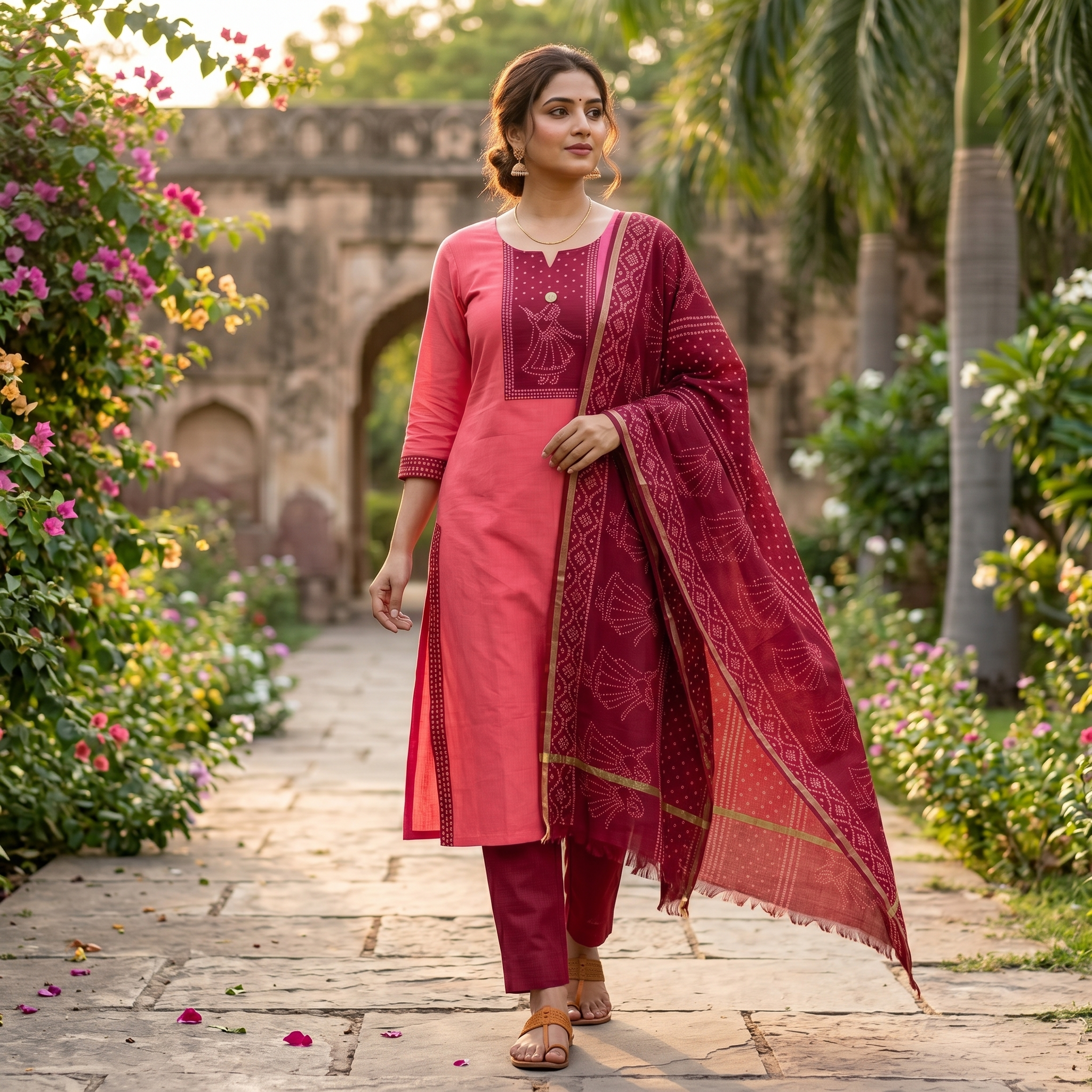 Peach Pink With Maroon  Cotton Ladies Chudithar Material