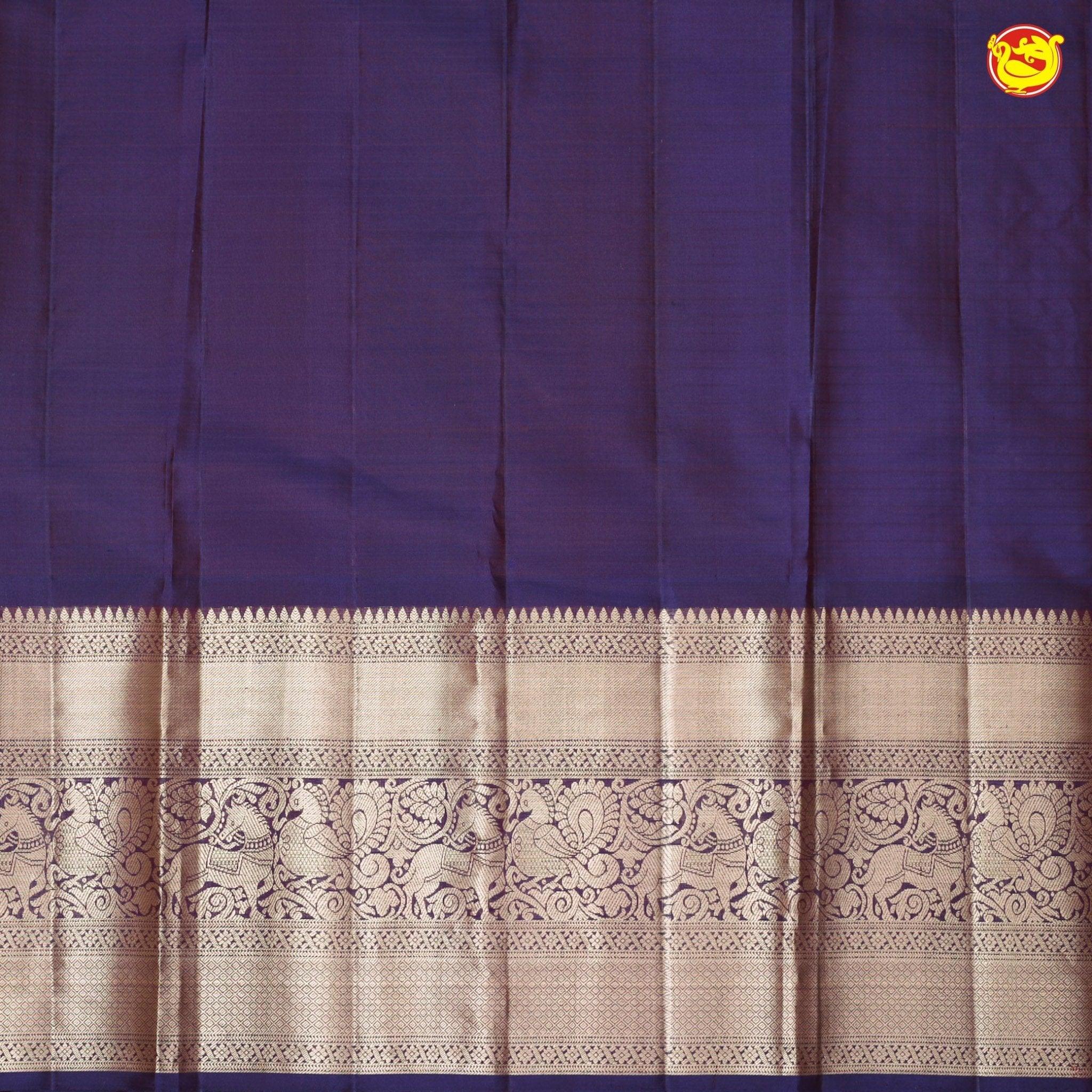 Mustard With Purple Checked Motifs Copper Zari Long Border Pure Kanjivaram Soft Silk Saree - Thenianantham