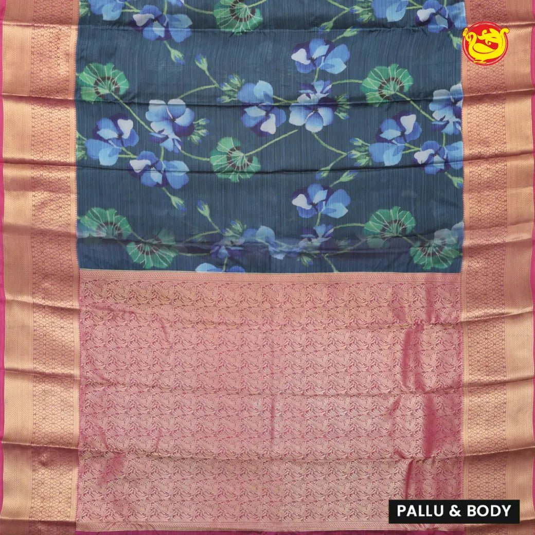 Blue & Green With Magenta Digital Print Soft Silk Saree - Thenianantham