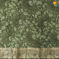 Olive Green Pure Organza Silk With Gold Zari Border Digital Print Saree - Thenianantham