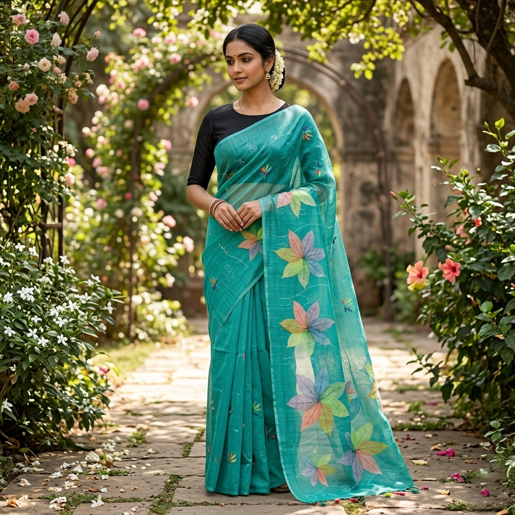 Cyan Green with Floral Design Trendy Tissue Fancy Saree