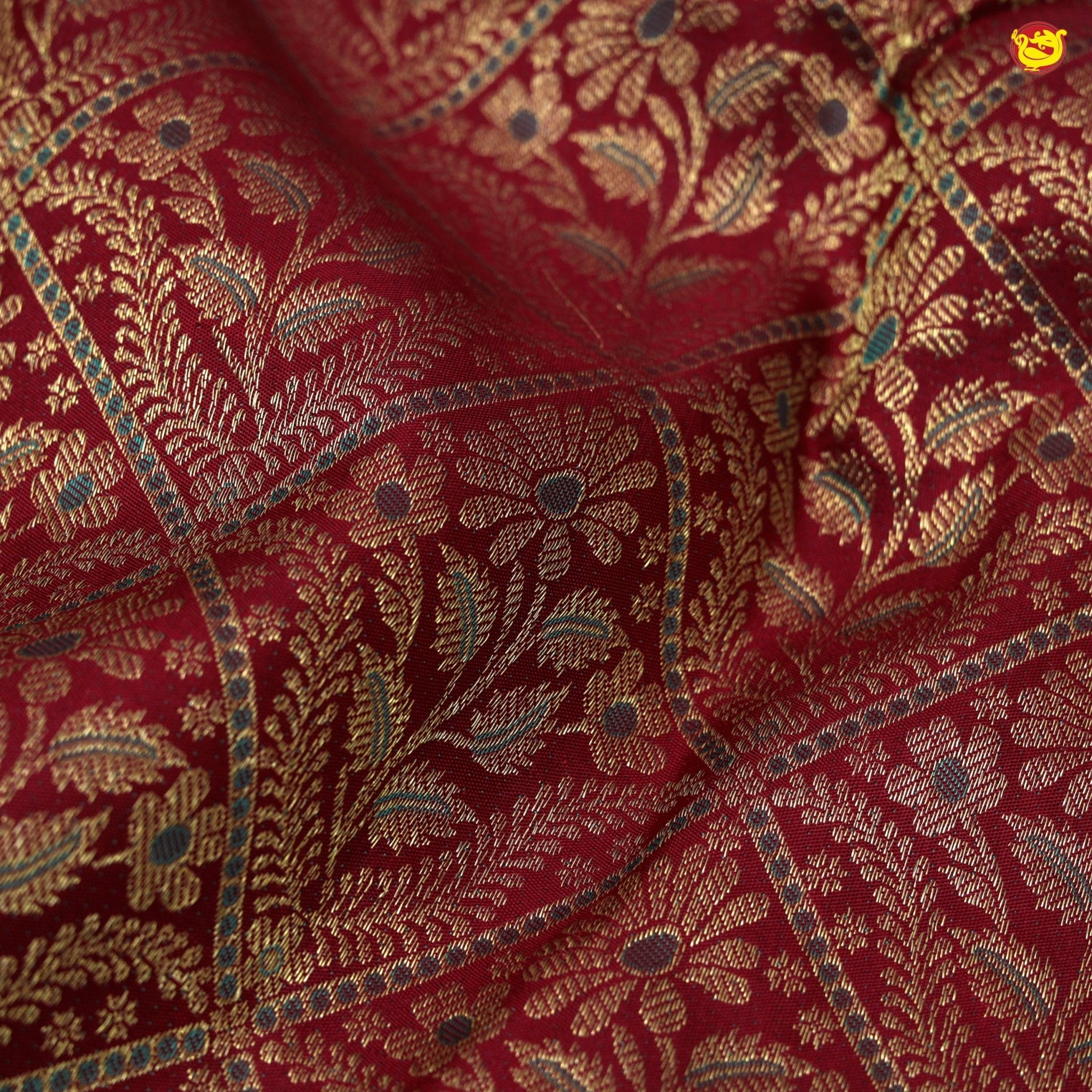 Dark Maroon With Floral Motifs Gold Zari Border Pure Kanjivaram Subhalaya Wedding Silk Saree - Thenianantham