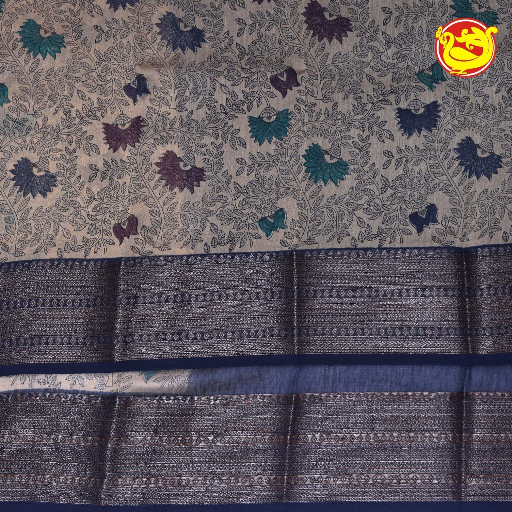 Gold With Navy Blue Chanderi Silk Saree - Thenianantham