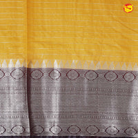 Yellow With Dark Brown Stripes Design Semi Silk Blend Saree With Double Blouse Concept