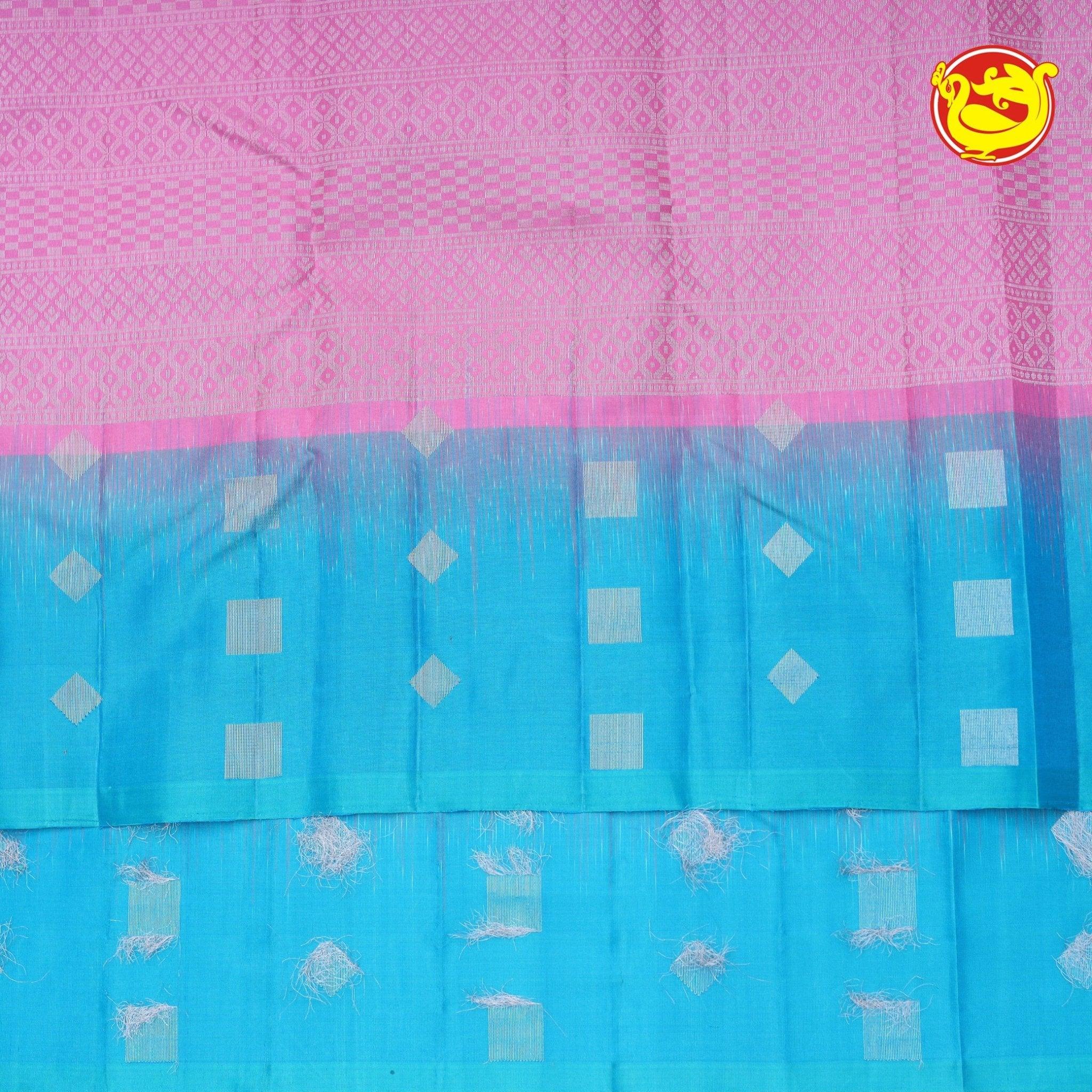 Pink With Sky Blue Diamond Buttas Motifs Silver Zari Pure Kanjivaram Soft Silk Saree - Thenianantham