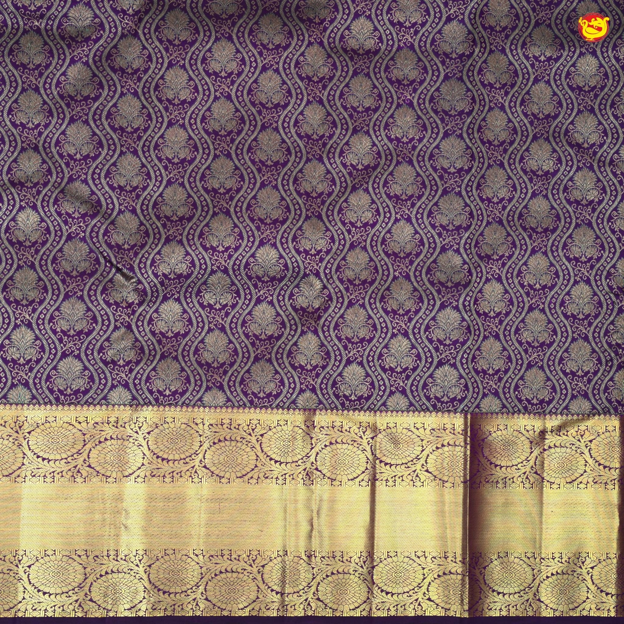 Dark Purple With Floral Motifs Gold Zari Long Border Pure Kanjivaram Subhalaya Wedding Silk Saree - Thenianantham