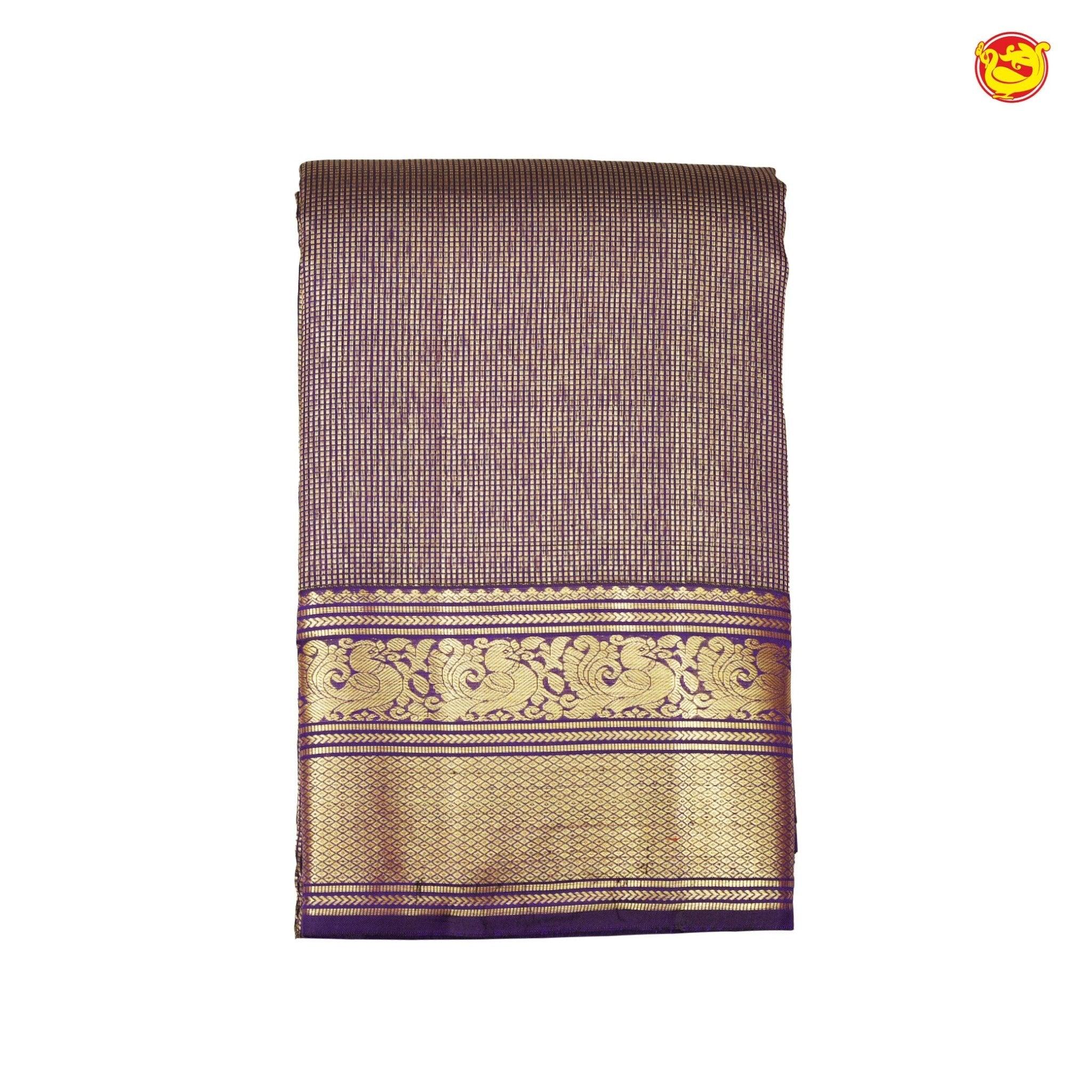 Dark Purple Checked Motifs Gold Zari Border Pure Kanjivaram Subhalaya Wedding Silk Saree - Thenianantham