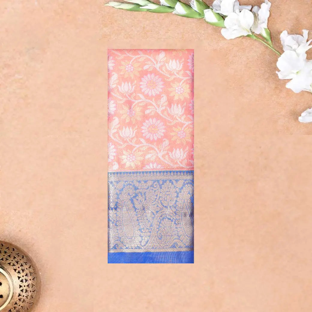 Peach With blue Border Floral Design Traditional  Pattu Pavadai Material