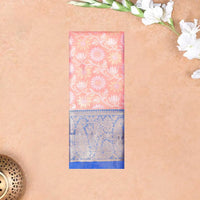 Peach With blue Border Floral Design Traditional  Pattu Pavadai Material