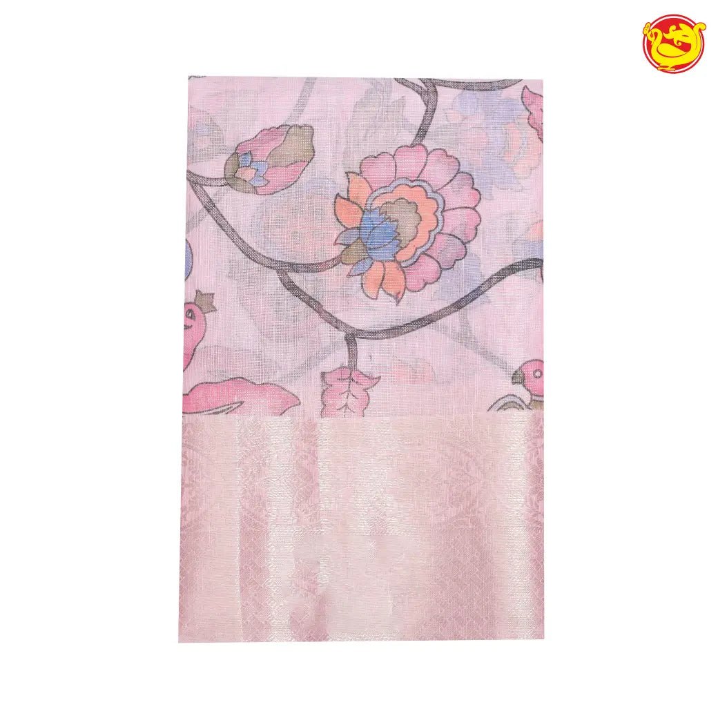 Pastel pink linen tissue saree with digital prints