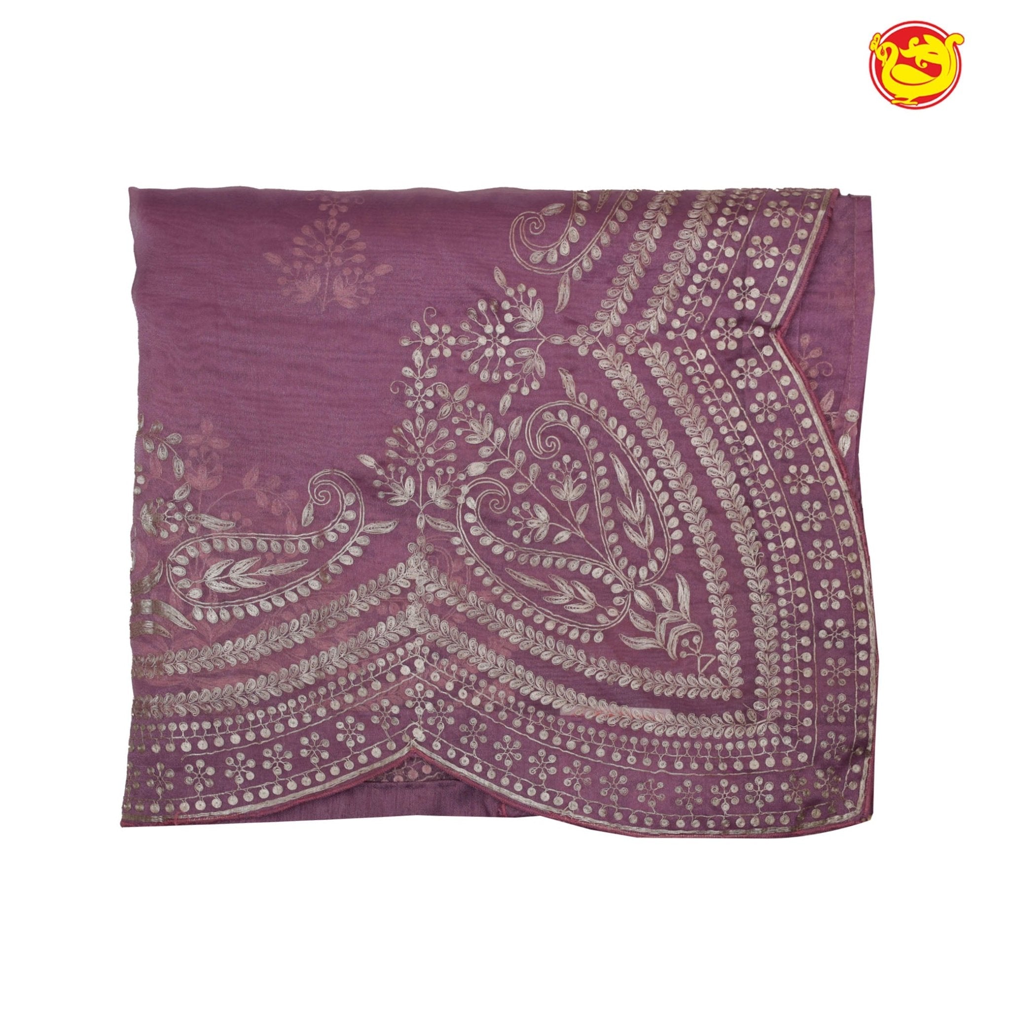 Lilac colour fancy crush saree with embroidery and scalloped margins