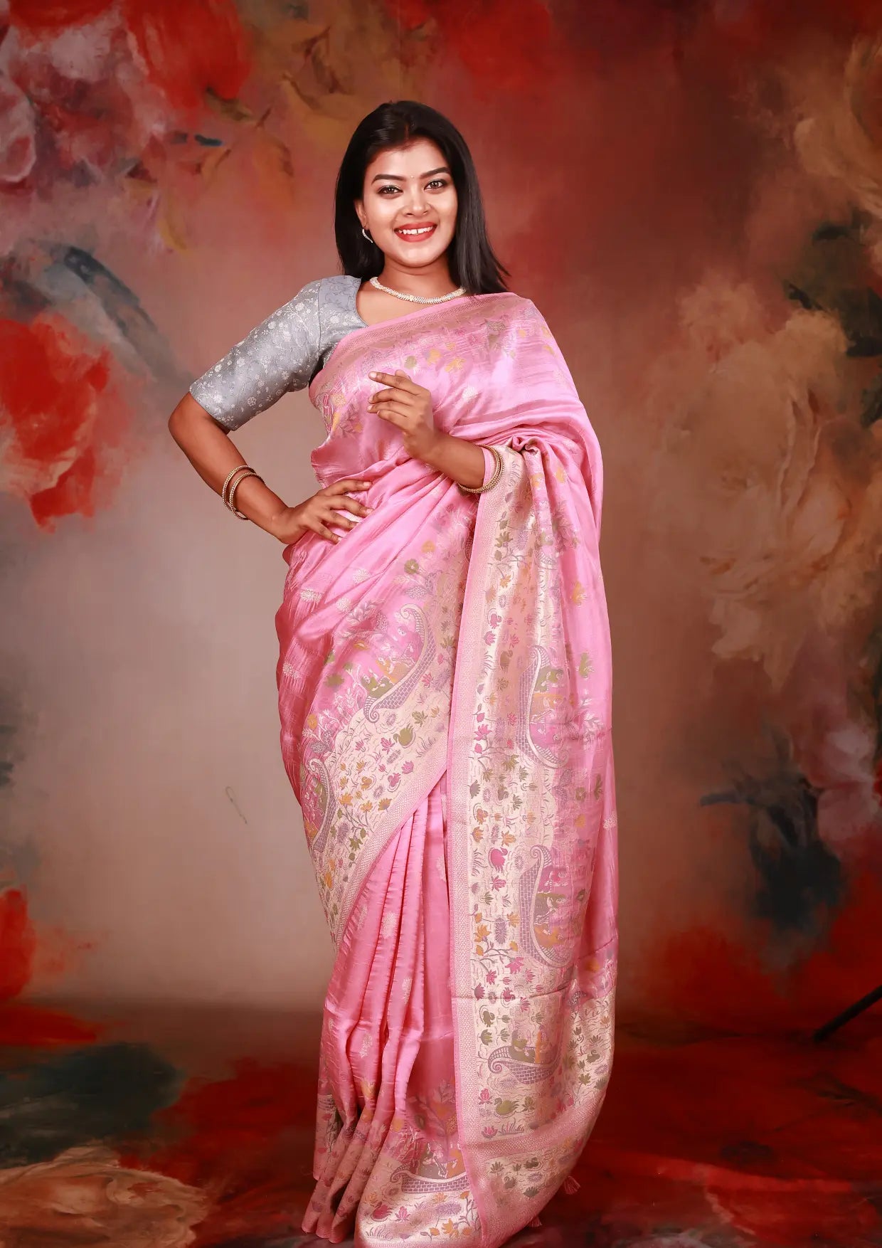 Pink  Colour Semi Dupion Saree