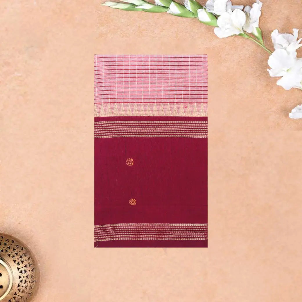 Light Pastel Pink with Maroon Small Checked Pattern Pure Chettinad Cotton Saree without Blouse