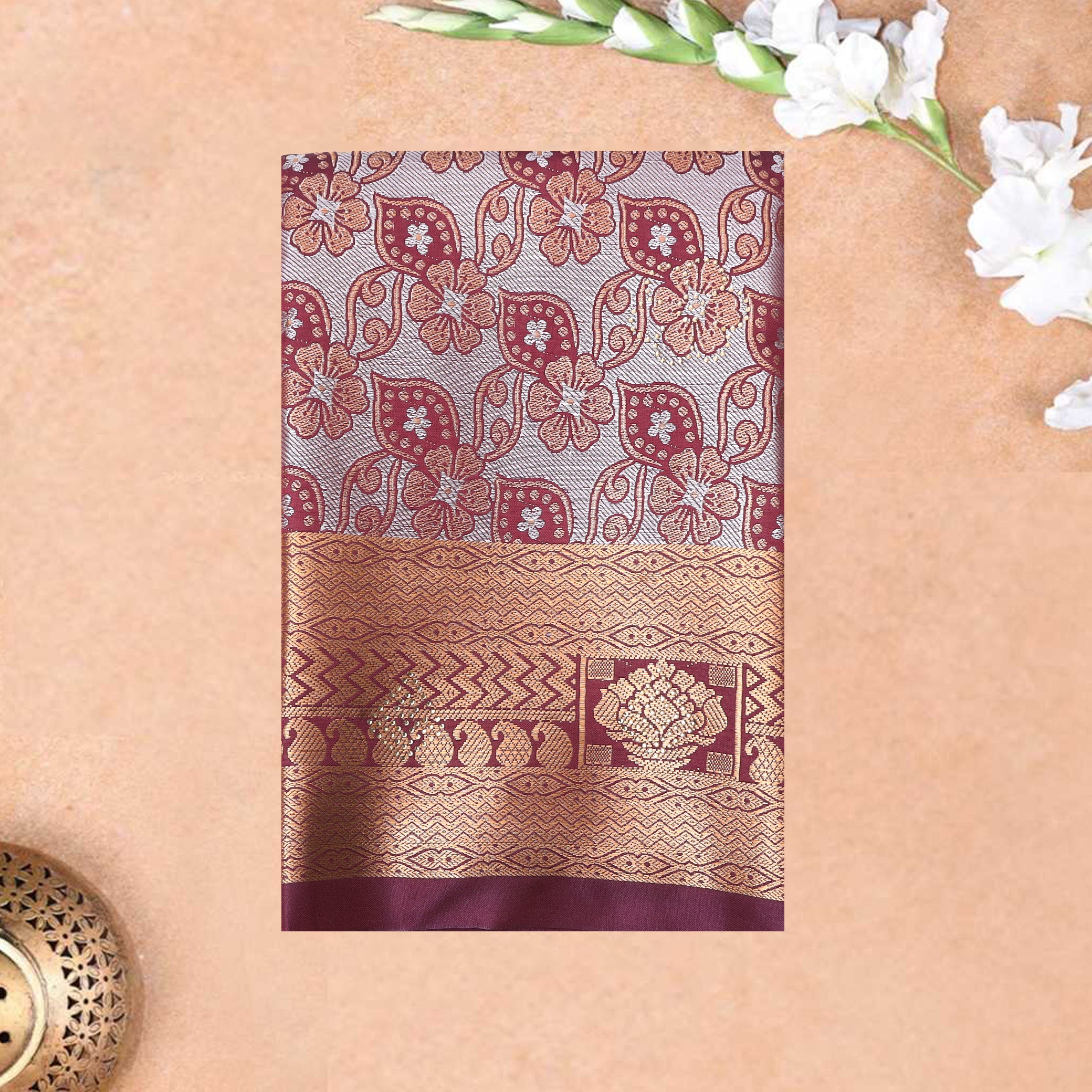 Wine, or Brown, with a prominent Gold pattern Art Pattu Pavadai Material