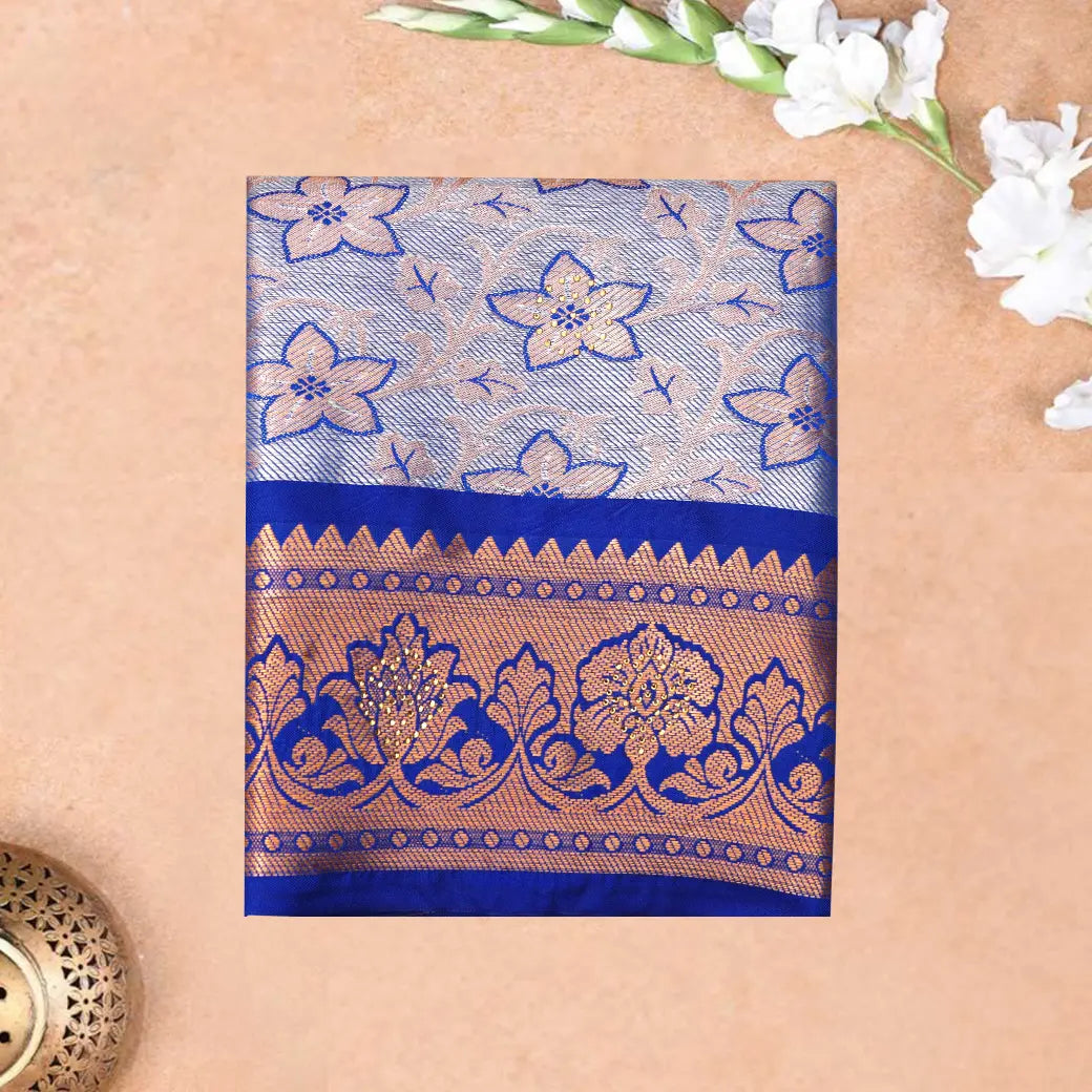 Light Blue With Royal Blue Colour Border Floral Design Traditional  Pattu Pavadai Material