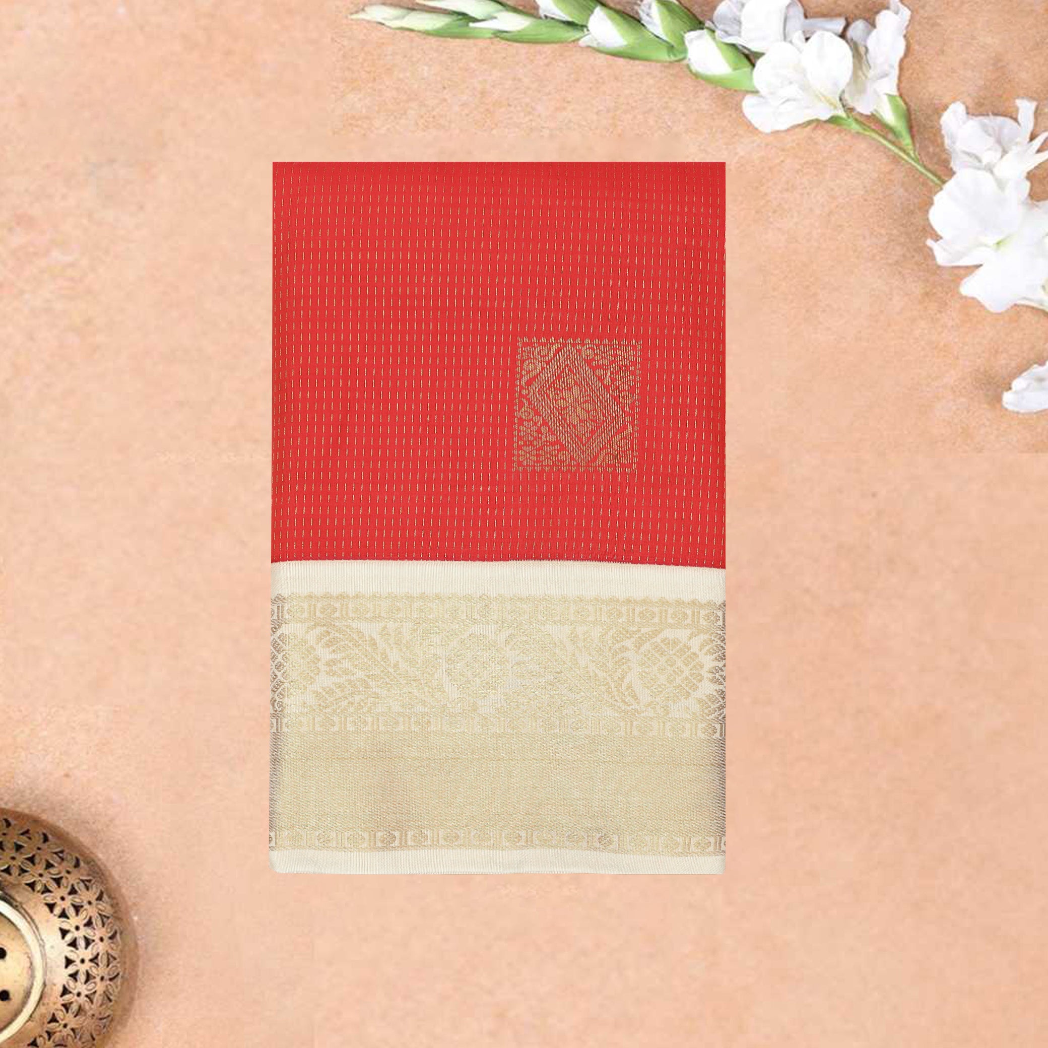 coral red With sandal Vaira Oosi Silk Saree