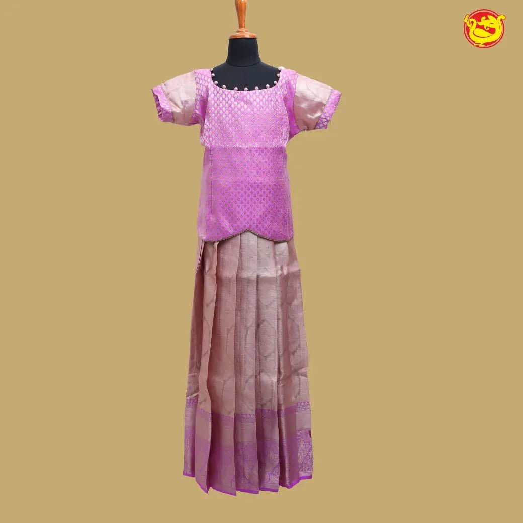 Light pink with Peach Girls Branded Readymade Pattu Pavadai