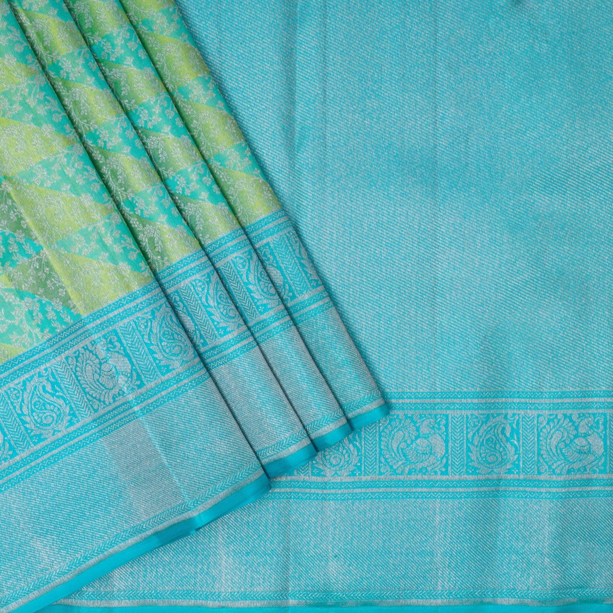 Yellow And Pista Green With Sea Blue Geometry Pattern Silver Zari Zig Zag Motifs Silver Zari Border Pure Kanjivaram Subhalaya Wedding Silk Saree