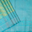 Yellow And Pista Green With Sea Blue Geometry Pattern Silver Zari Zig Zag Motifs Silver Zari Border Pure Kanjivaram Subhalaya Wedding Silk Saree - Thenianantham