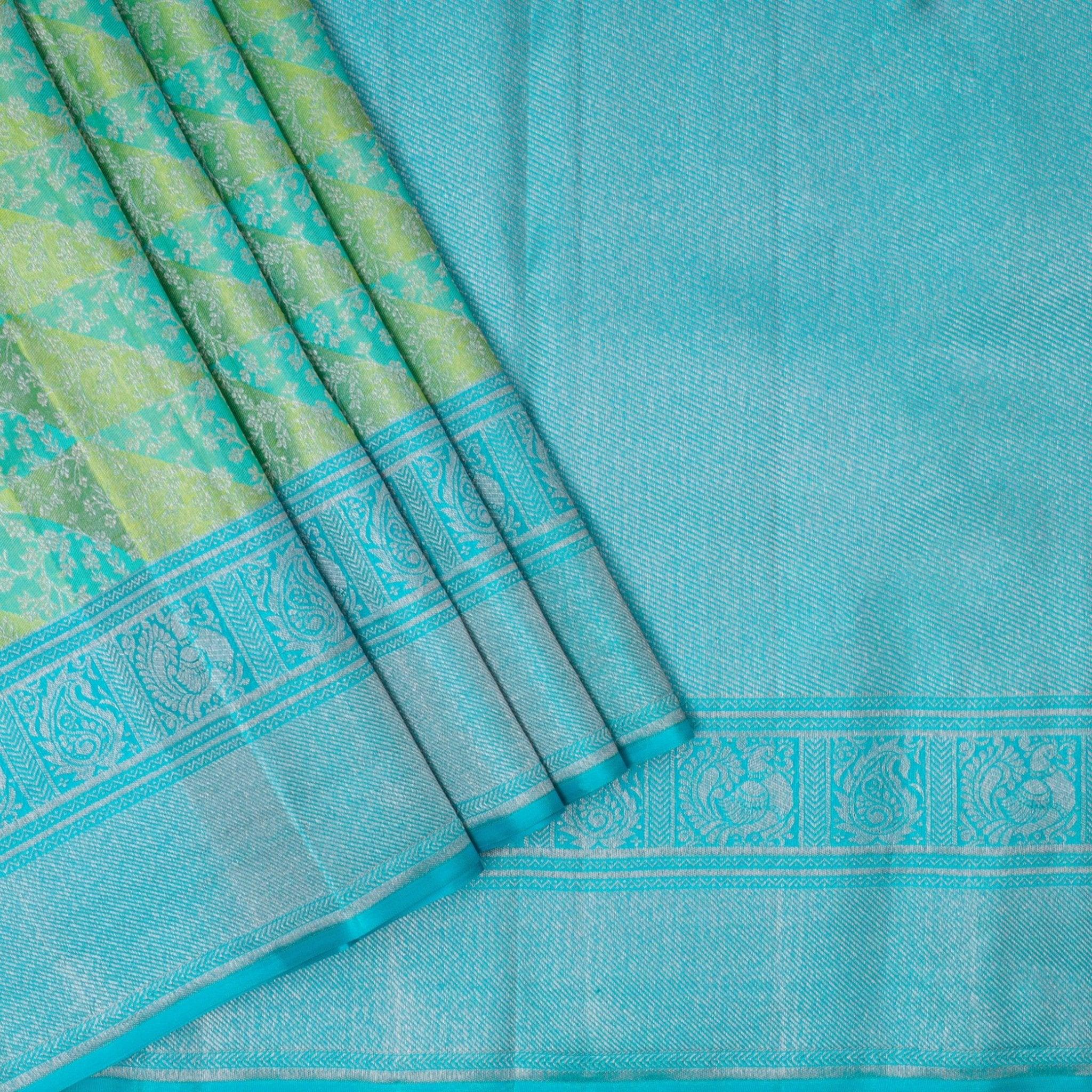 Yellow And Pista Green With Sea Blue Geometry Pattern Silver Zari Zig Zag Motifs Silver Zari Border Pure Kanjivaram Subhalaya Wedding Silk Saree - Thenianantham