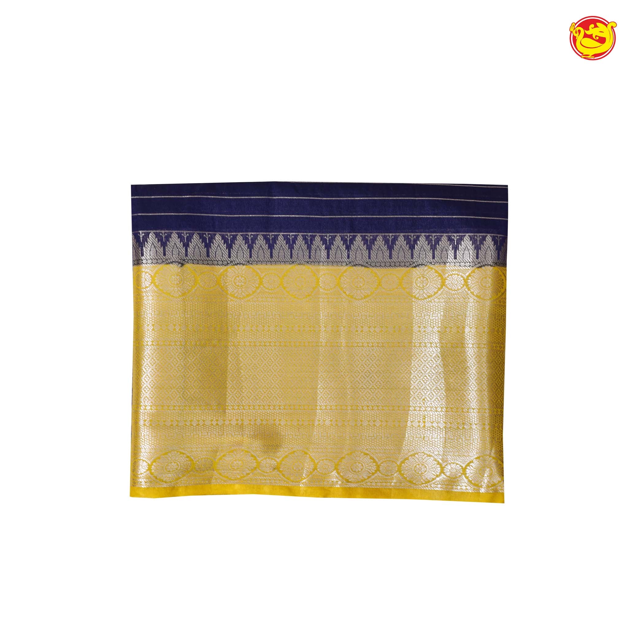 Navy Blue With Mustard Yellow Stripes Design Semi Silk Blend Saree With Double Blouse Concept