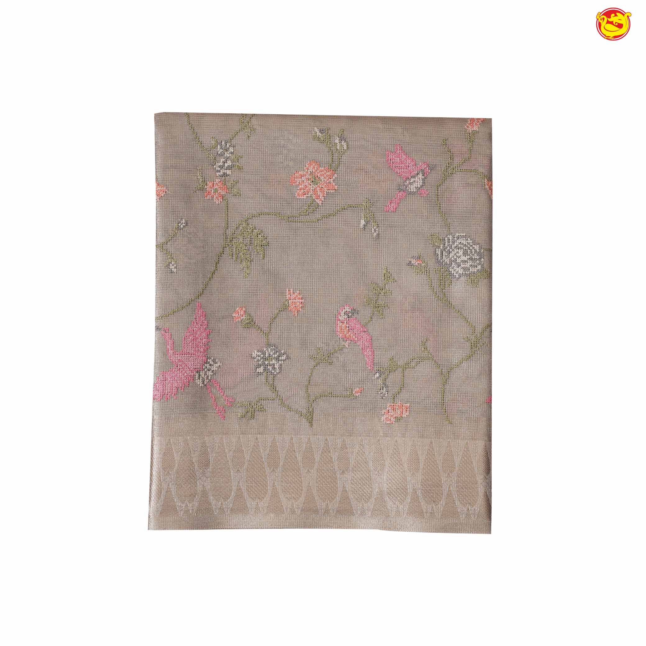 Golden Tissue Saree With Floral & Birds Embroidered Details