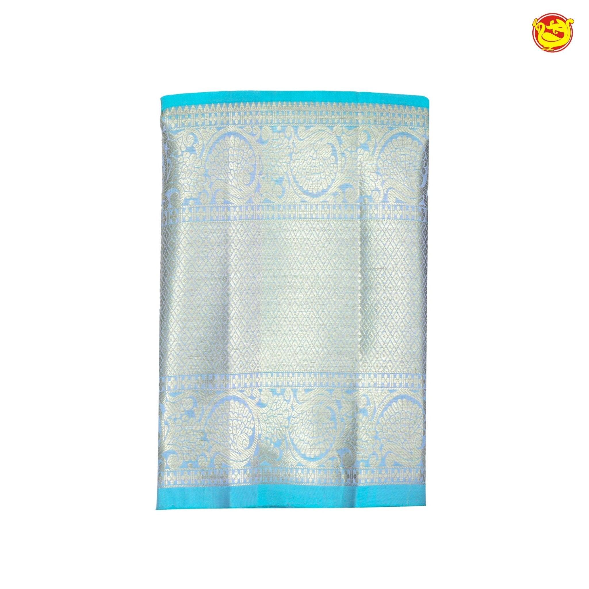 Lavender With Rama Blue Checked Floral Motifs Gold Zari Long Border Pure Kanjivaram Soft Silk Saree