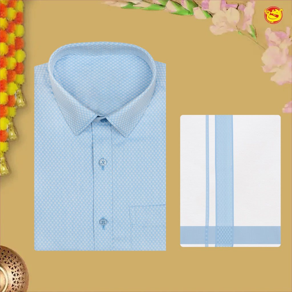 Light Blue With White Dhoti Readymade Small Checked Shirt And Matching Border Dhoti Set for Men