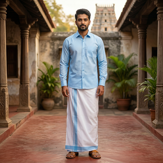 Light Blue With White Dhoti Readymade Small Checked Shirt And Matching Border Dhoti Set for Men