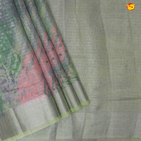 Light Green with Silver Border Tissue Checks With Floral Digital Prints saree