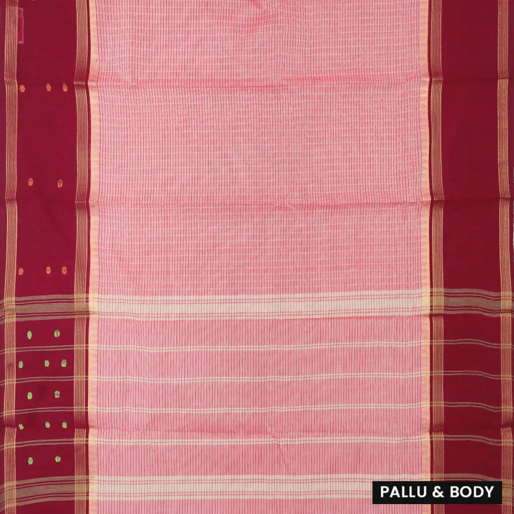 Light Pastel Pink with Maroon Small Checked Pattern Pure Chettinad Cotton Saree without Blouse