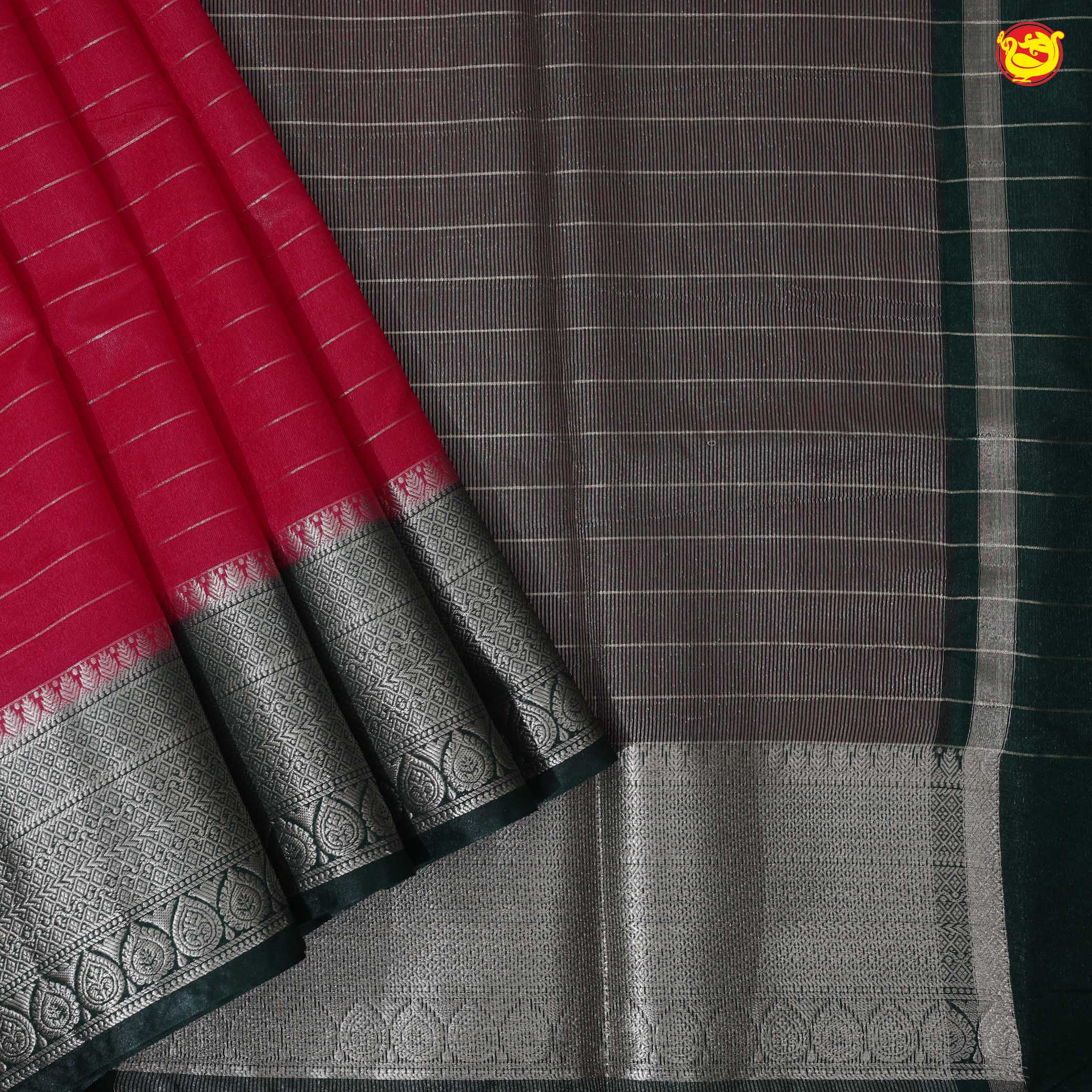 Tomato Pink With Bottle Green Stripes Design Semi Silk Blend Saree With Double Blouse Concept