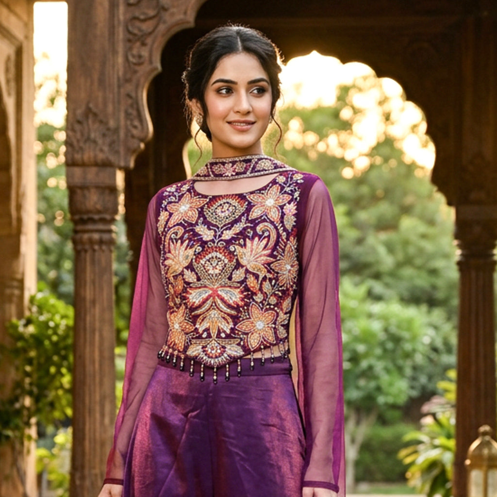Dark Magenta  Color Girls Branded Readymade Sharara set