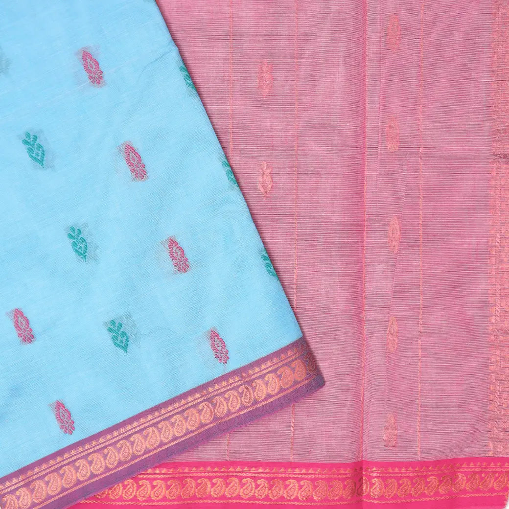 Light Blue with Pink Traditional Buttas Venkatagiri Pure Cotton Saree