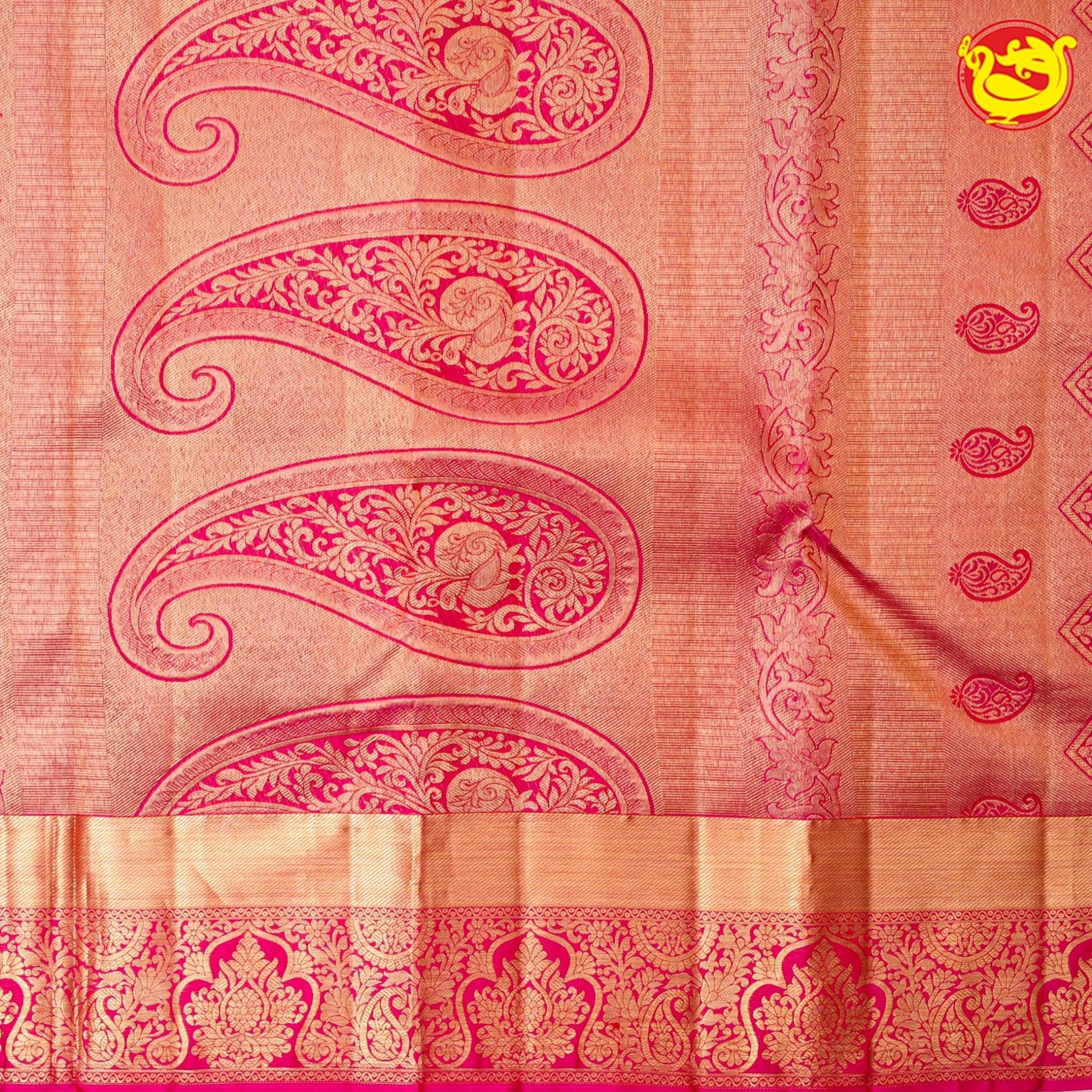 Moss Green With Rani Pink Floral Motifs Gold Zari Border Pure Kanjivaram Subhalaya Wedding Silk Saree - Thenianantham