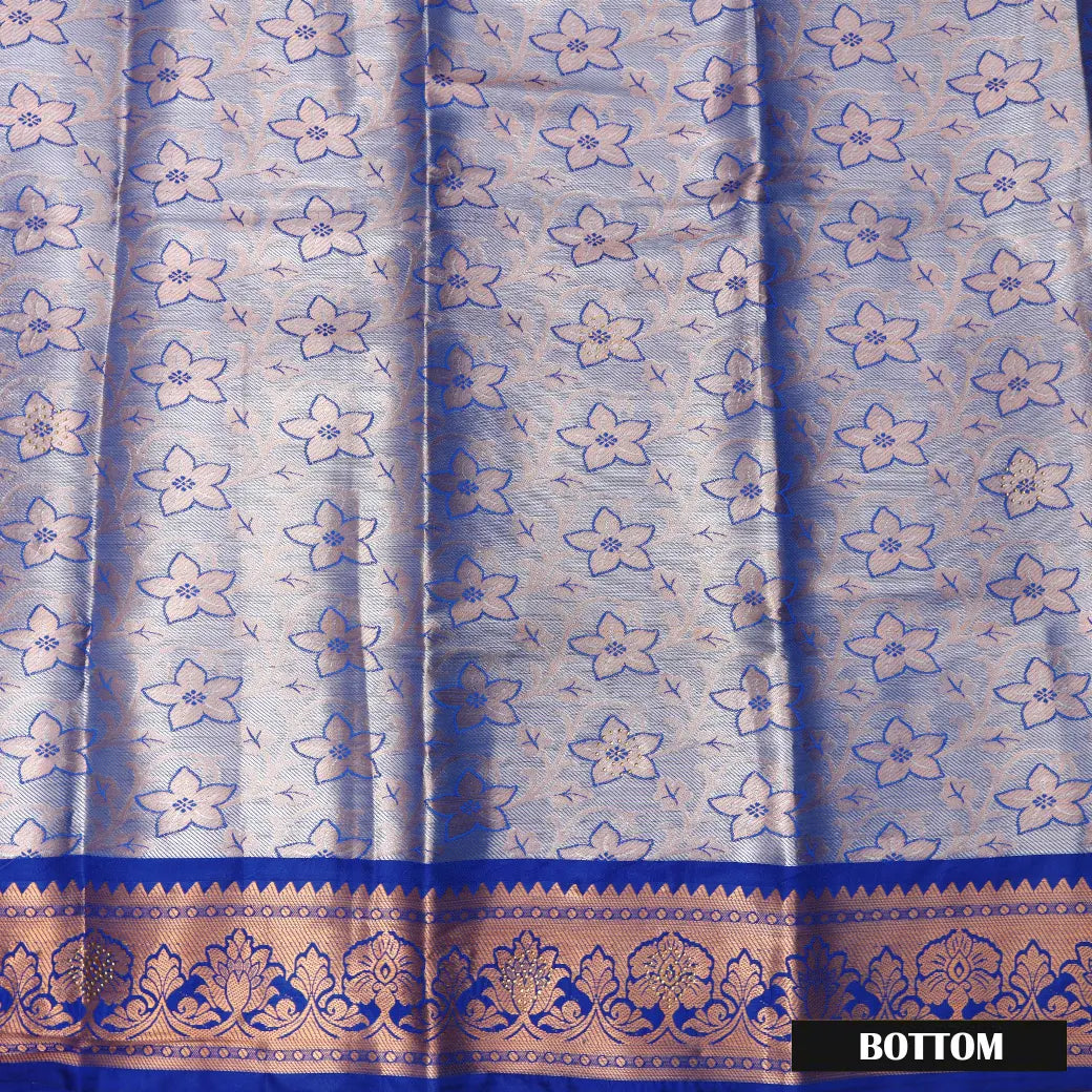 Light Blue With Royal Blue Colour Border Floral Design Traditional  Pattu Pavadai Material