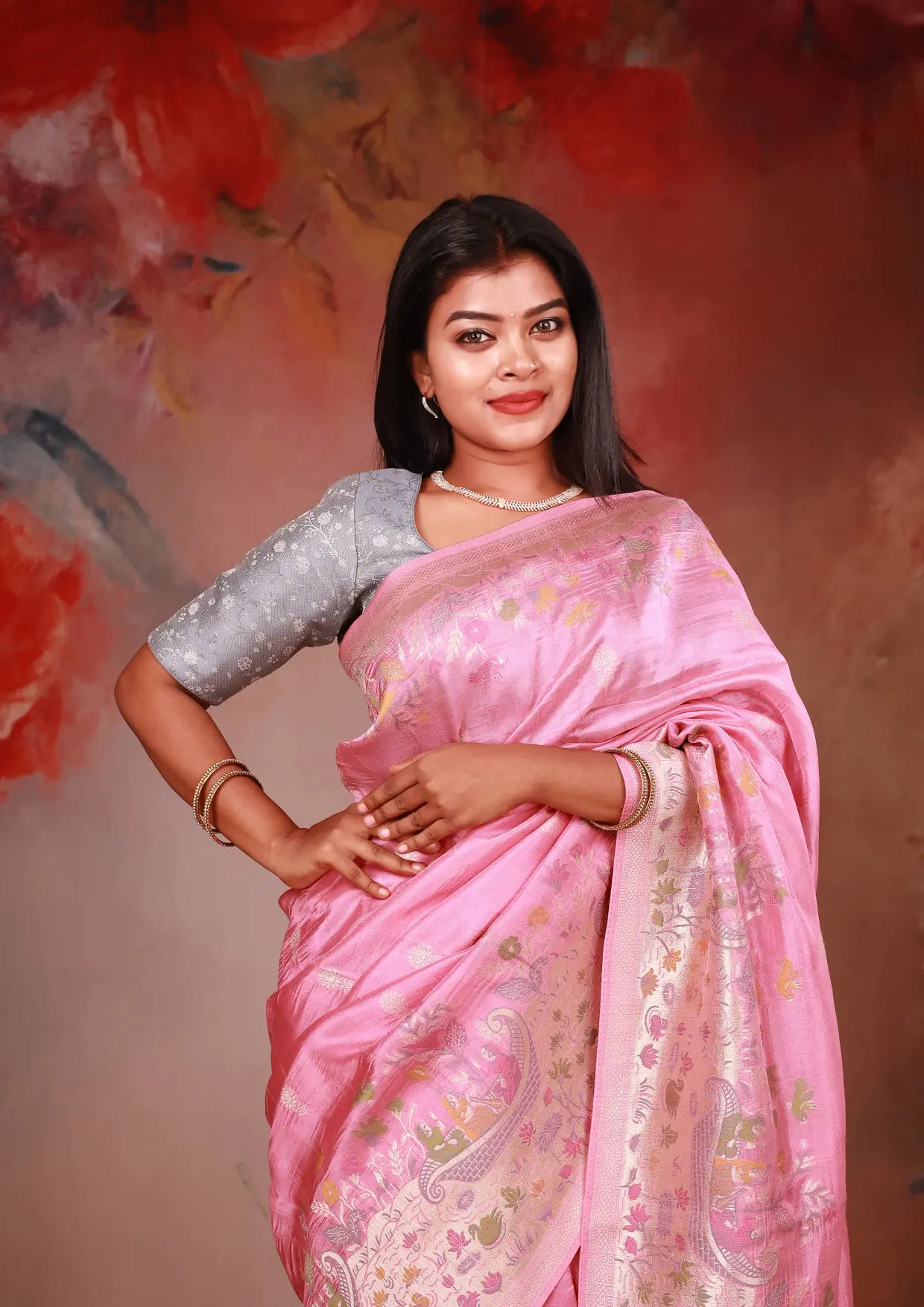 Pink  Colour Semi Dupion Saree
