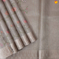 Golden Tissue Saree With Floral & Birds Embroidered Details