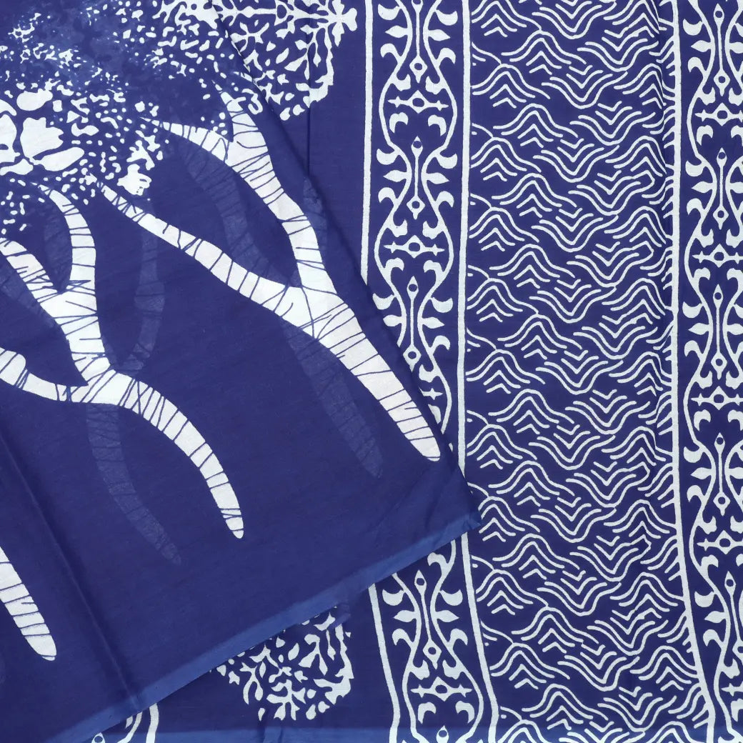 Dark blue with White Pure Mul Mul Cotton Saree with Blouse