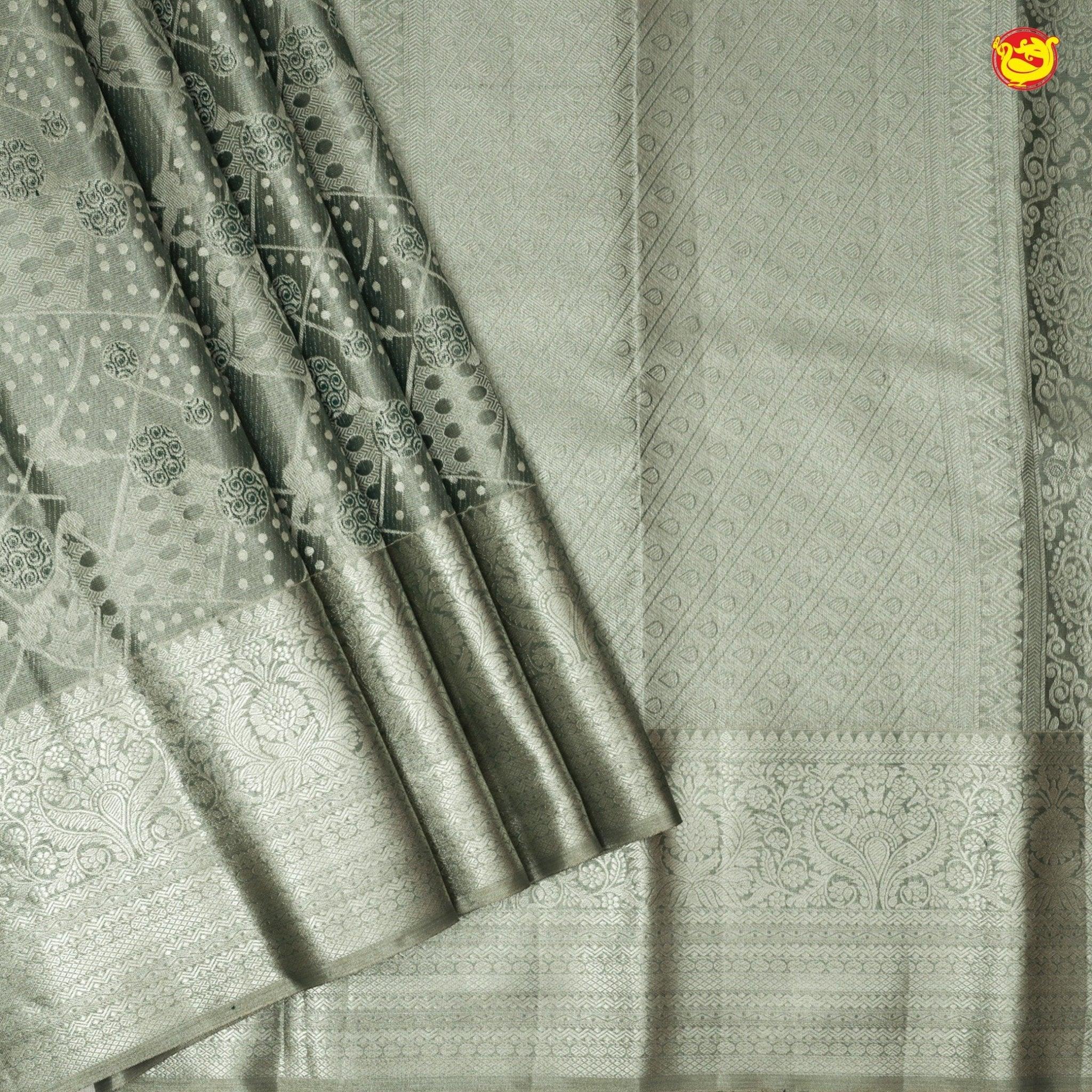 Silver With Bottle Green Floral Motifs Silver Zari Border Pure Kanjivaram Subhalaya Wedding Silk Saree