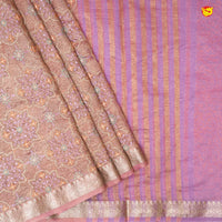 Pink and Gold Mixed With Gold Zari Border With Beads Handwork Floral Design Tissue Crush saree - Thenianantham