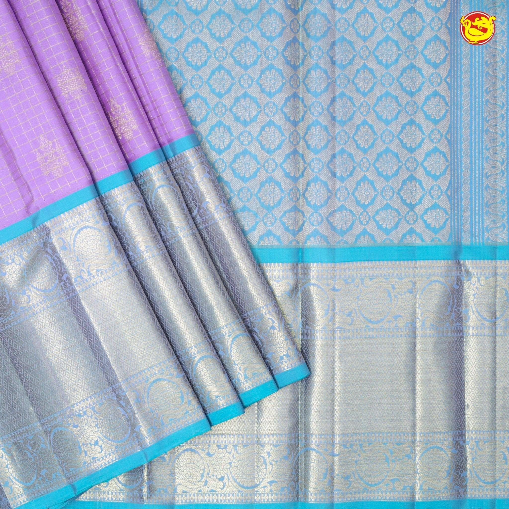 Lavender With Rama Blue Checked Floral Motifs Gold Zari Long Border Pure Kanjivaram Soft Silk Saree