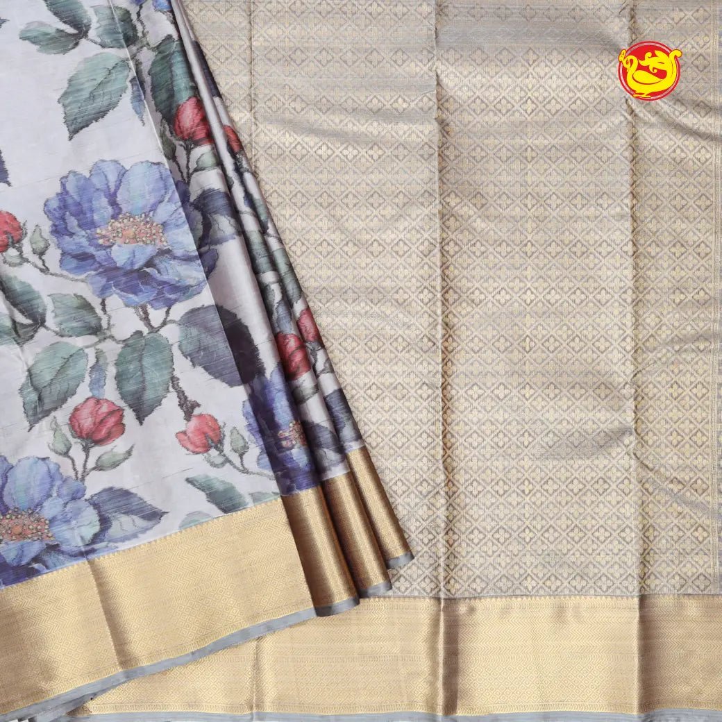 Silver With Light Gray Digital Print Soft Silk Saree