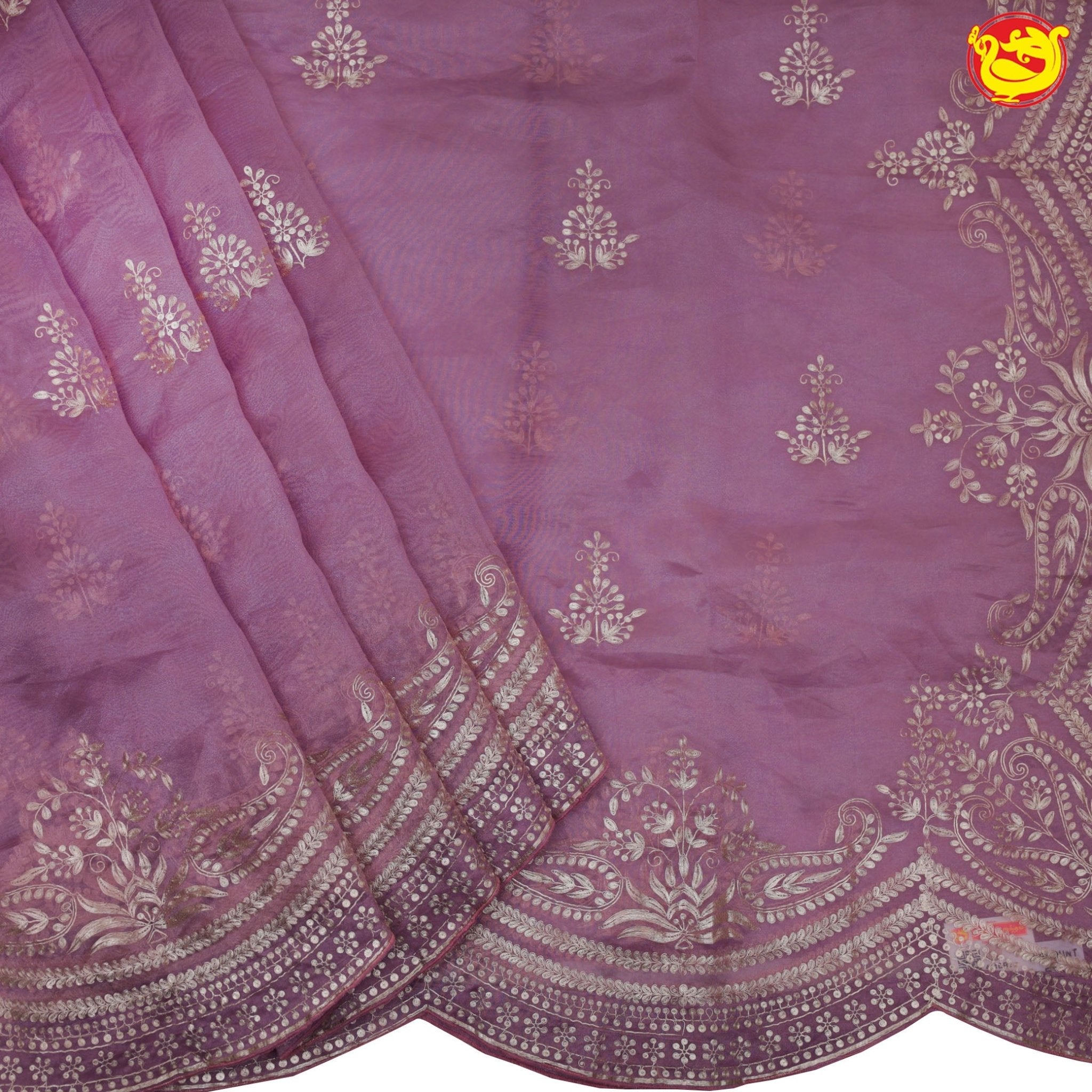 Lilac work saree with embroidery and scalloped edges