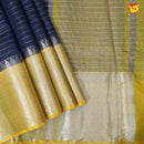 Navy Blue With Mustard Yellow Stripes Design Semi Silk Blend Saree With Double Blouse Concept