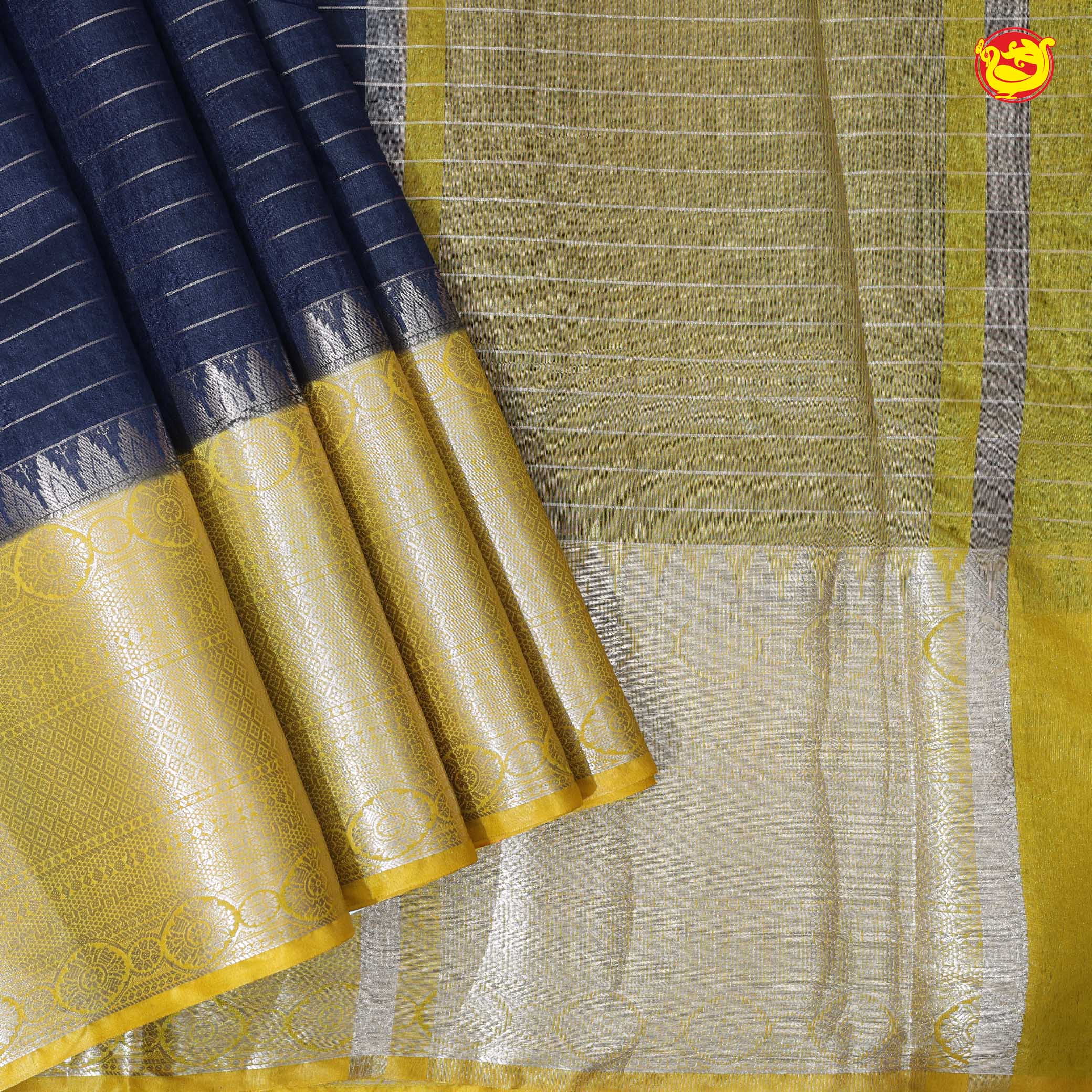 Navy Blue With Mustard Yellow Stripes Design Semi Silk Blend Saree With Double Blouse Concept