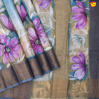 Pure Tussar Silk Saree Multi Colour and Dark Grey With Floral Design and Painted Prints and Zari Woven Border - Thenianantham