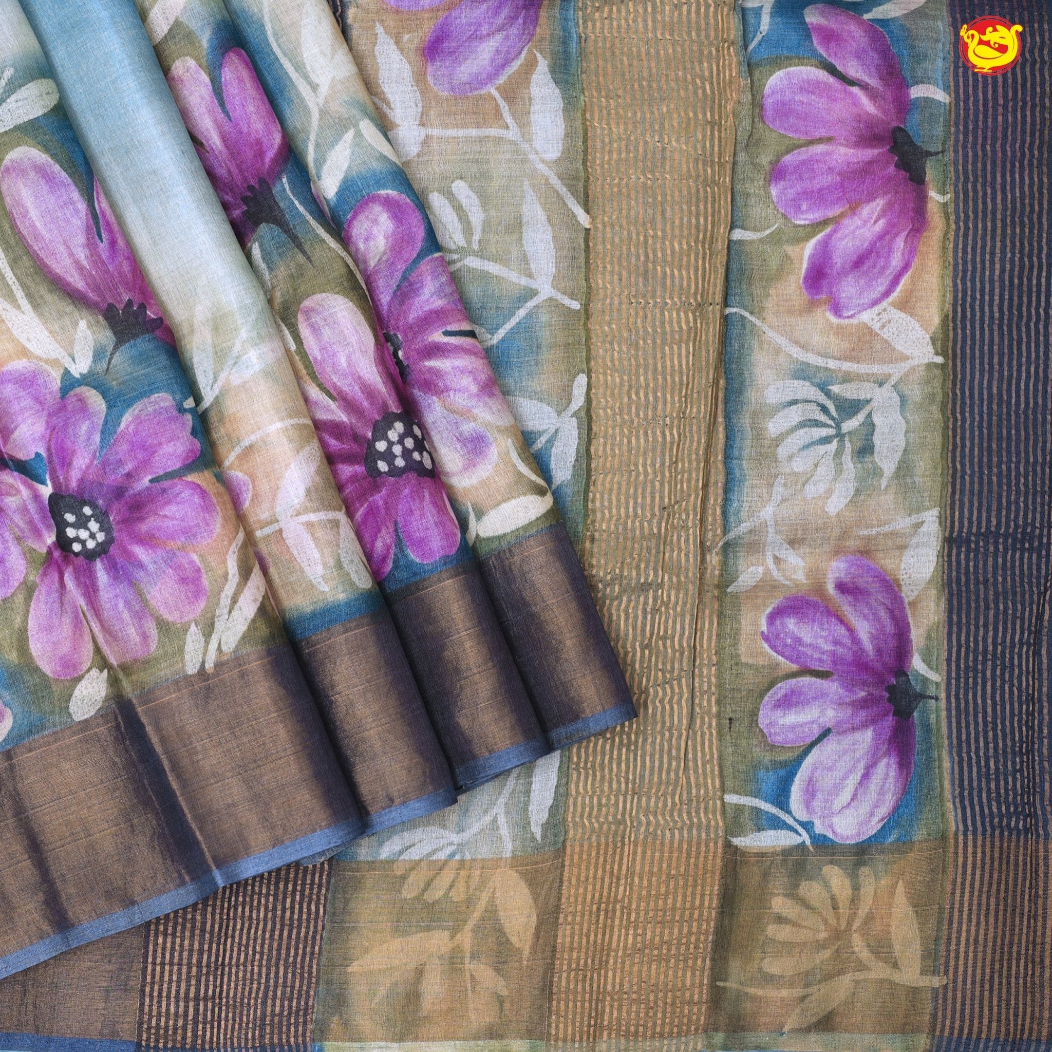 Pure Tussar Silk Saree Multi Colour and Dark Grey With Floral Design and Painted Prints and Zari Woven Border