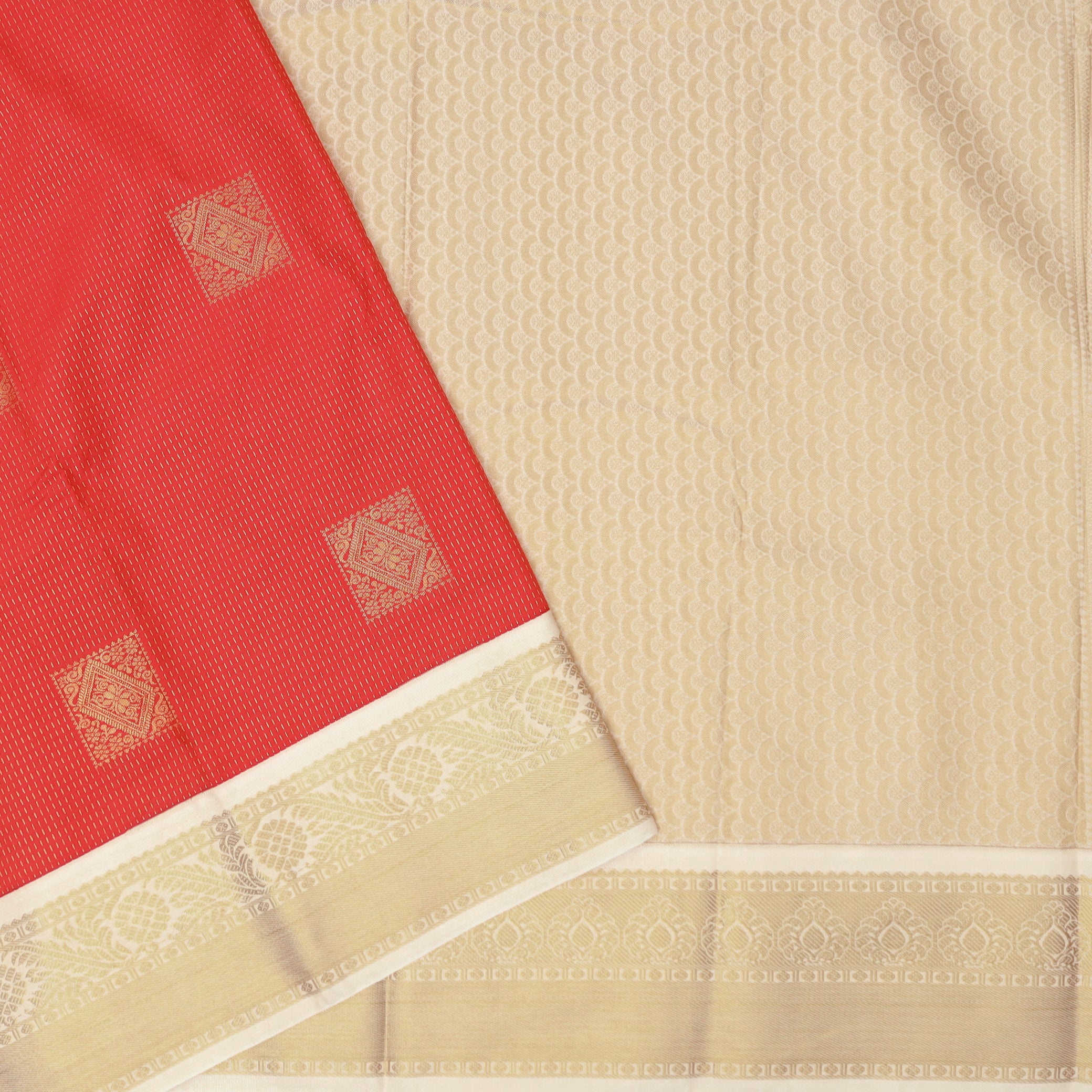 coral red With sandal Vaira Oosi Silk Saree