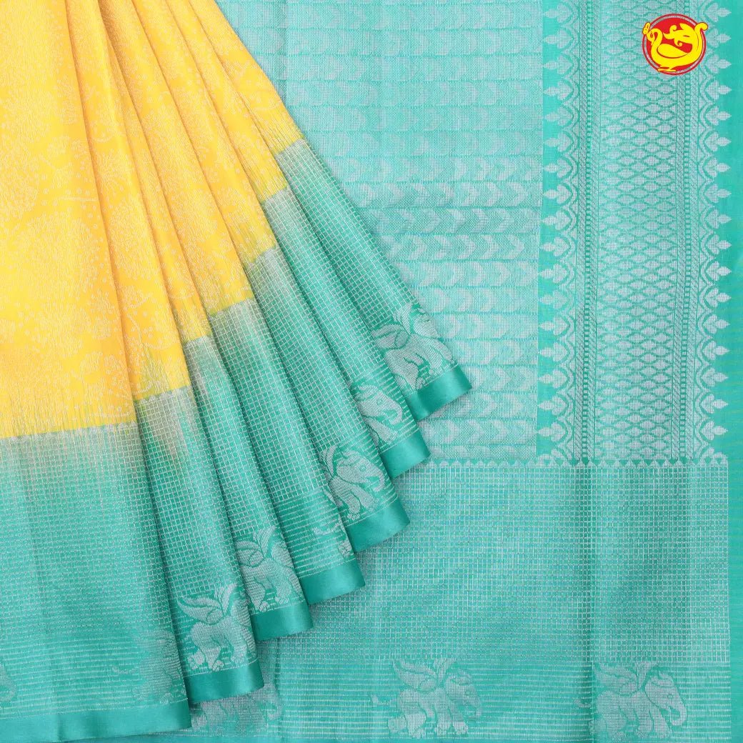 Yellow and turquoise blue pure soft silk saree - Thenianantham